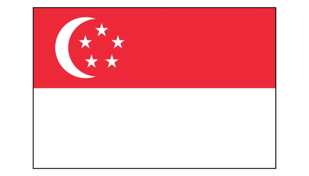 National flag of Singapore with a crescent moon and five stars on a red and white background.