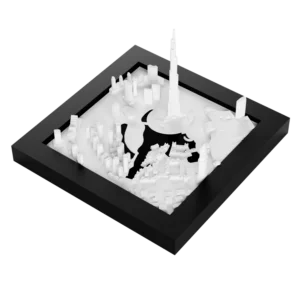 3D model of the city of Dubai, featuring detailed representations of iconic landmarks such as the Burj Khalifa.