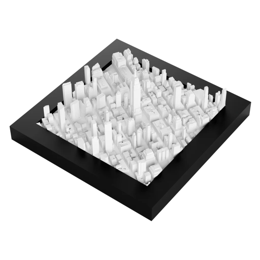 3D model of New York City, featuring detailed representations of iconic landmarks such as the Empire State Building.